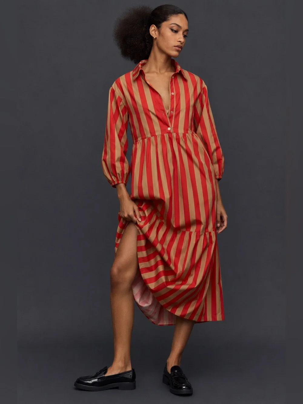 Anthropologie Maeve Bettina Striped Tiered Poplin Shirt Midi Dress Size M - Picture 1 of 11